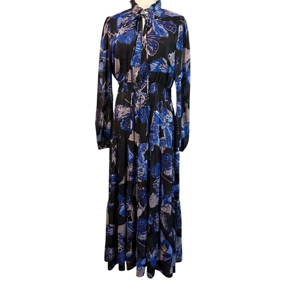 Pinch NWT Maxi Dress Tiered Ruffled Lined Women's Peasant Sleeve Butterfly SZ LG